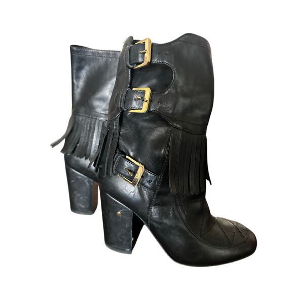 Laurence Dacade Boots for Women for sale | eBay LAURENCE DACADE Black Leather Fringe Gold Buckle Mid Calf Ankle Moto Boots sz 5